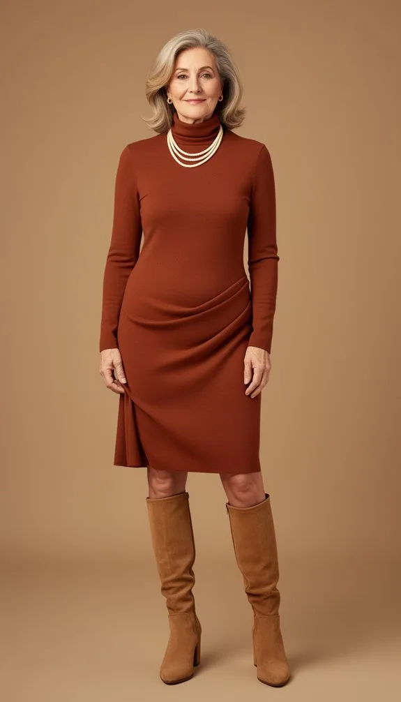 rust turtleneck with boots