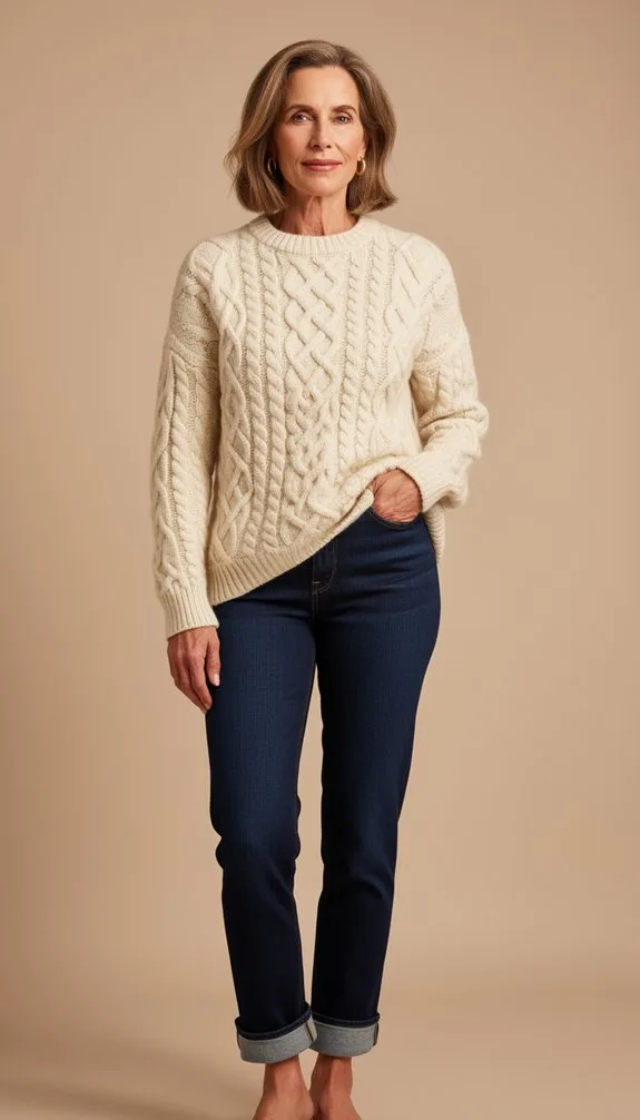 cream cable knit with jeans