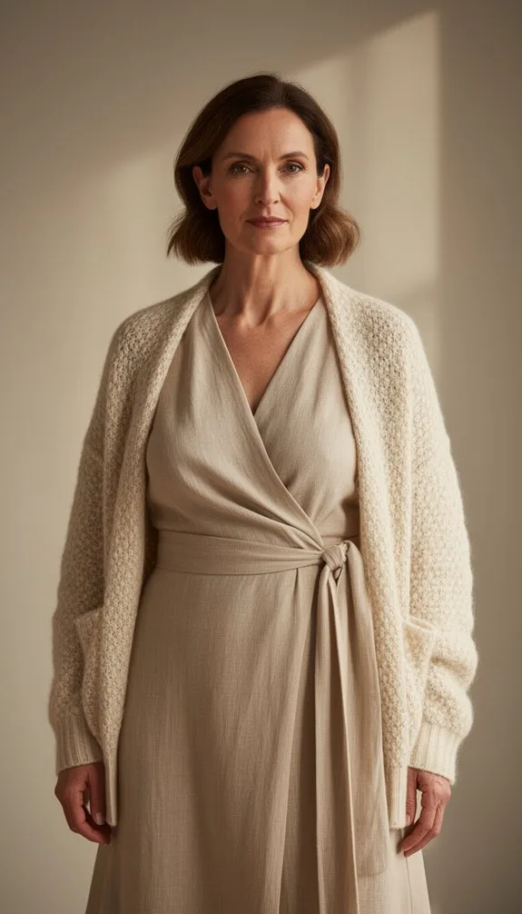 beige linen wrap ensemble