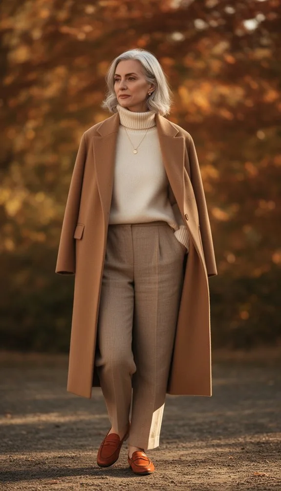 monochromatic camel autumn stroll ensemble