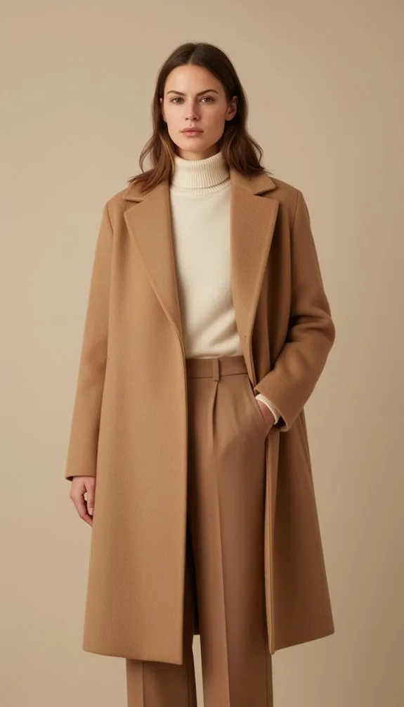 camel coat turtleneck plaid trousers