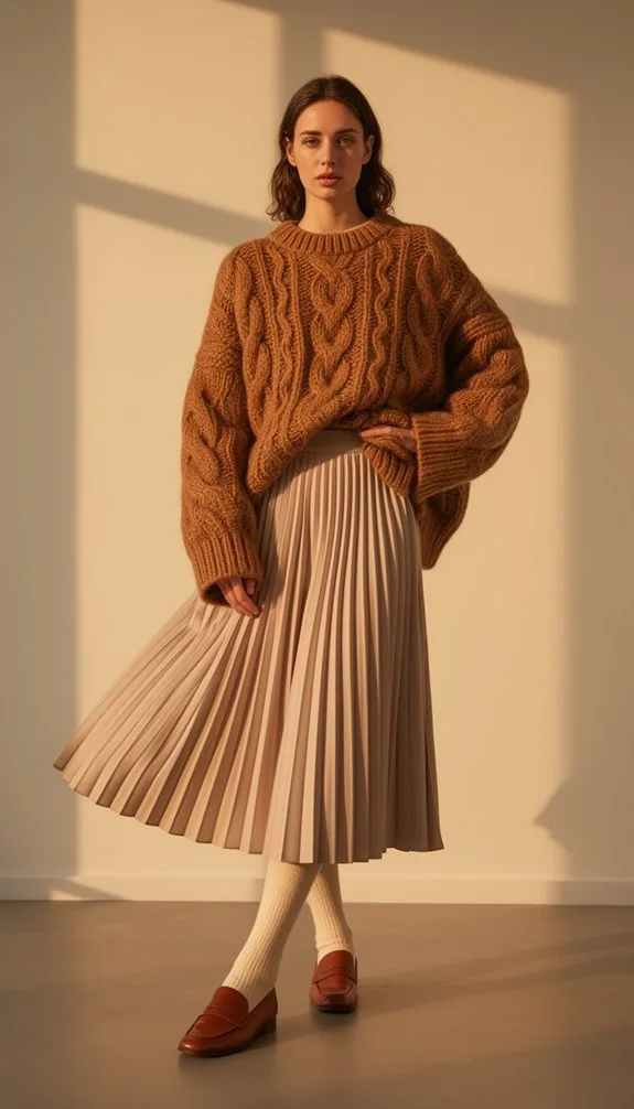 chunky knit brown sweater ensemble