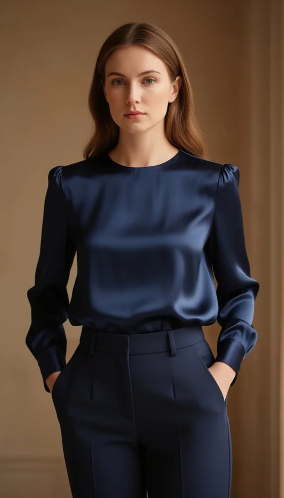 navy satin blouse ensemble