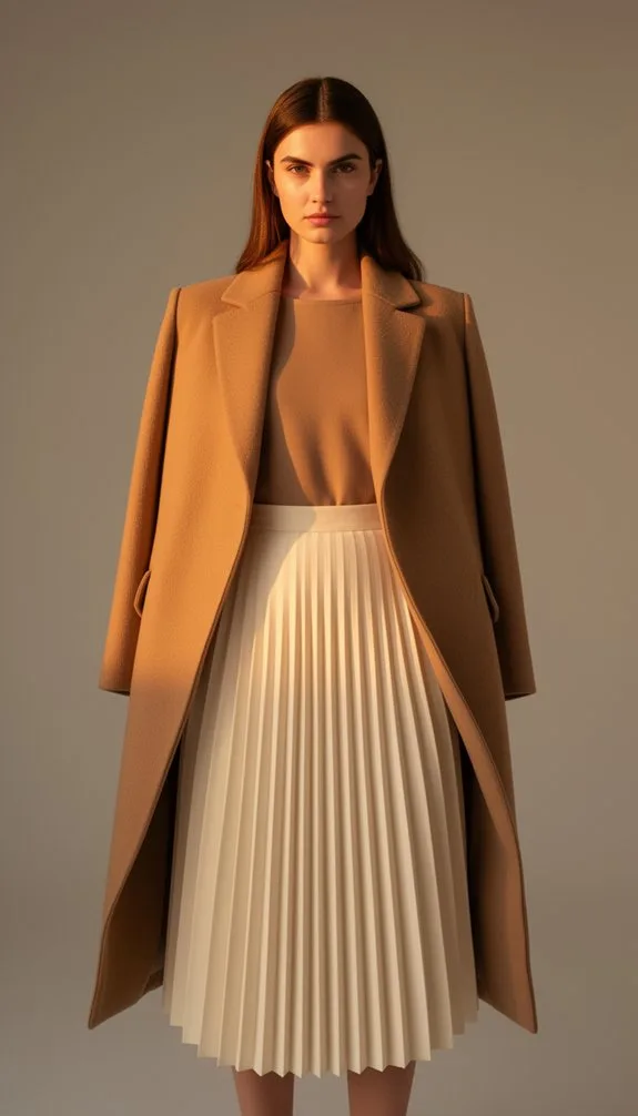 camel coat pleated skirt