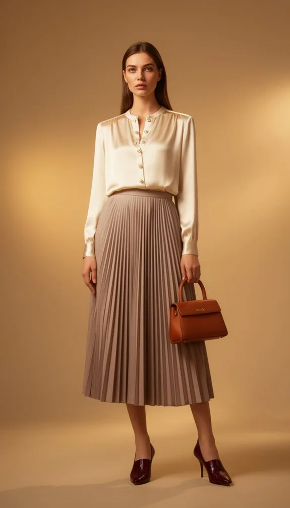 cream blouse olive skirt