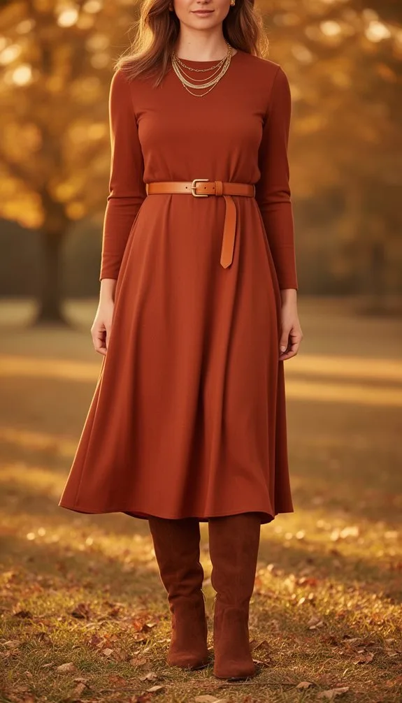 rust mini dress belted boots