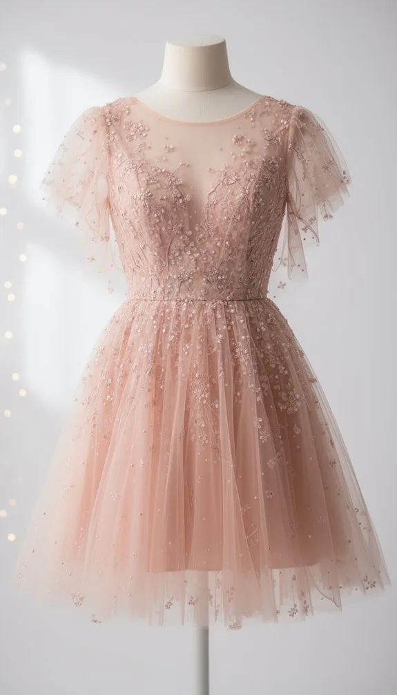 embellished blush tulle mini