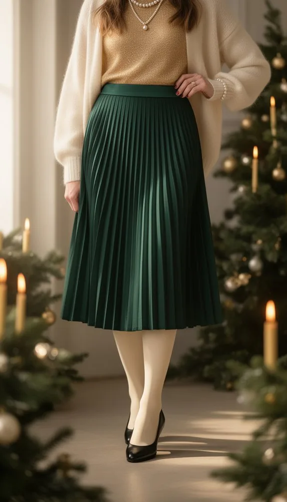forest green velvet pleated midi