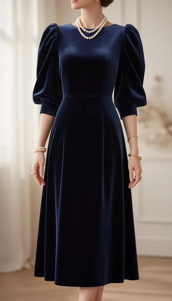 navy velvet puff sleeve midi