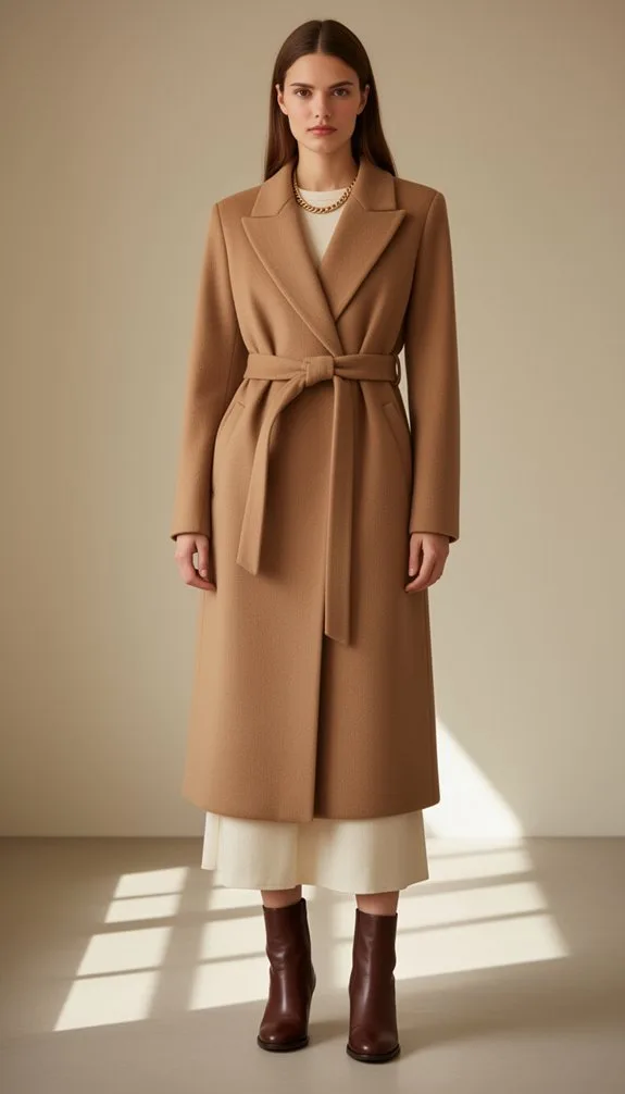 belted coat brown boots gold