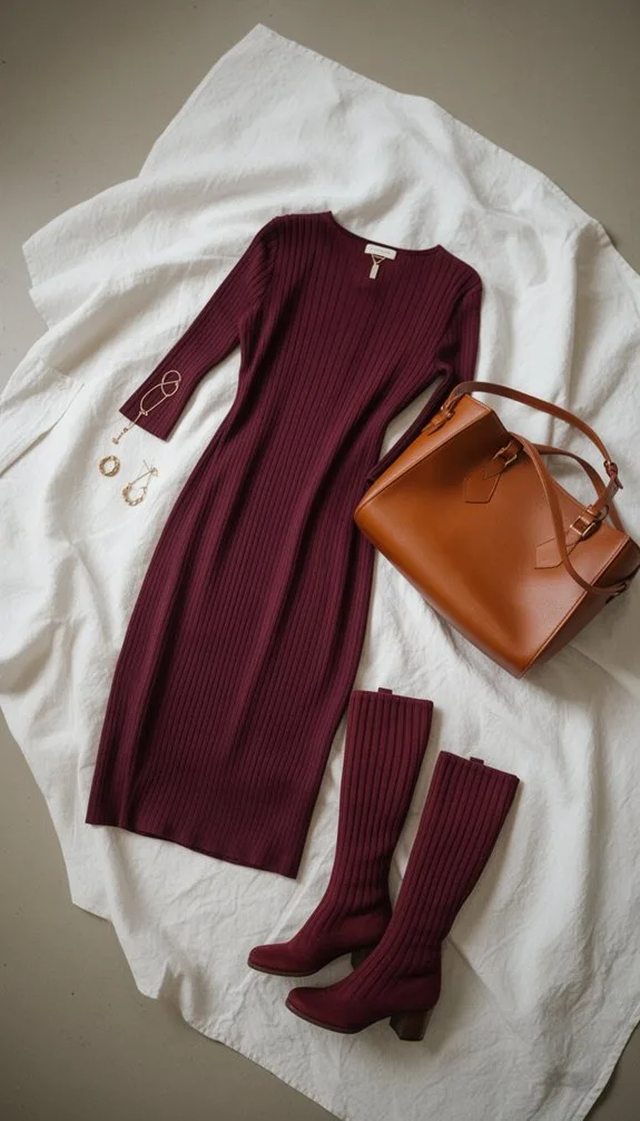 monochromatic burgundy ribbed ensemble