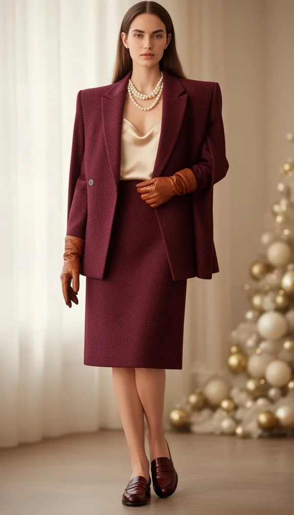 structured burgundy tweed blazer