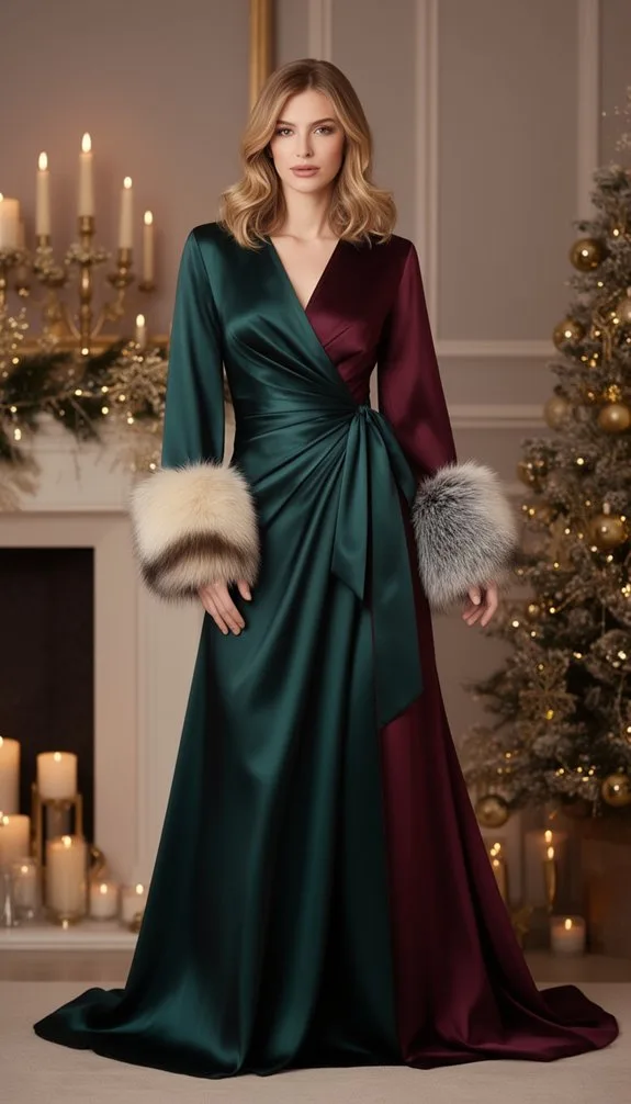 satin wrap gown fur cuffs