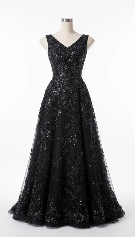 black sequined tulle ballroom gown