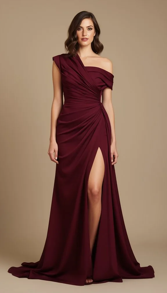 one shoulder burgundy ruched slit