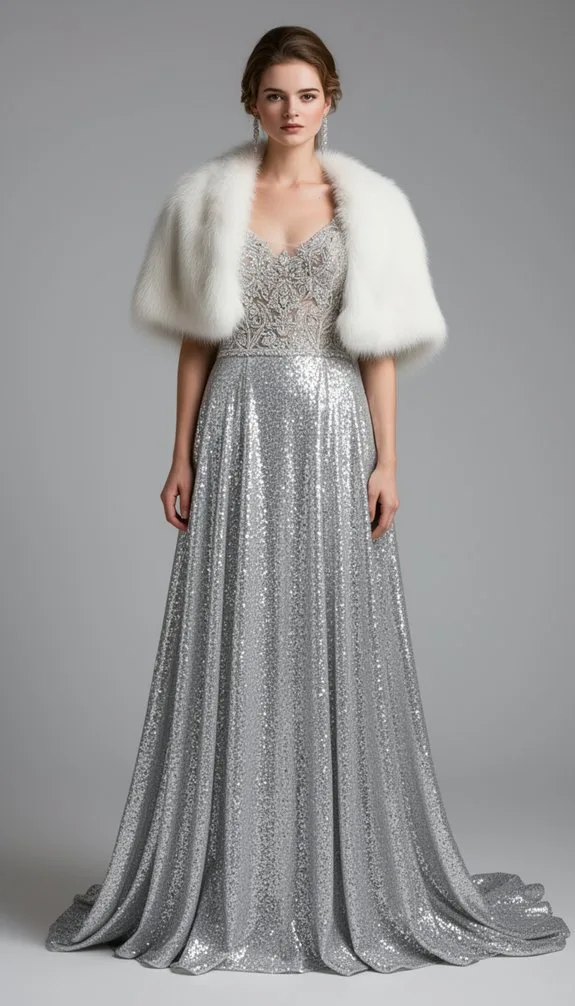 sequin gown with fur