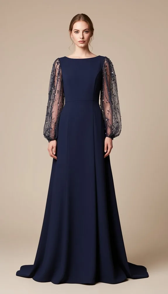 navy gown with embellished sleeves