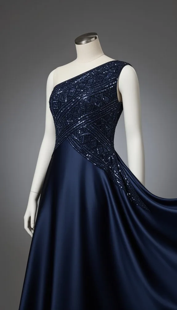 one shoulder sequin navy gown