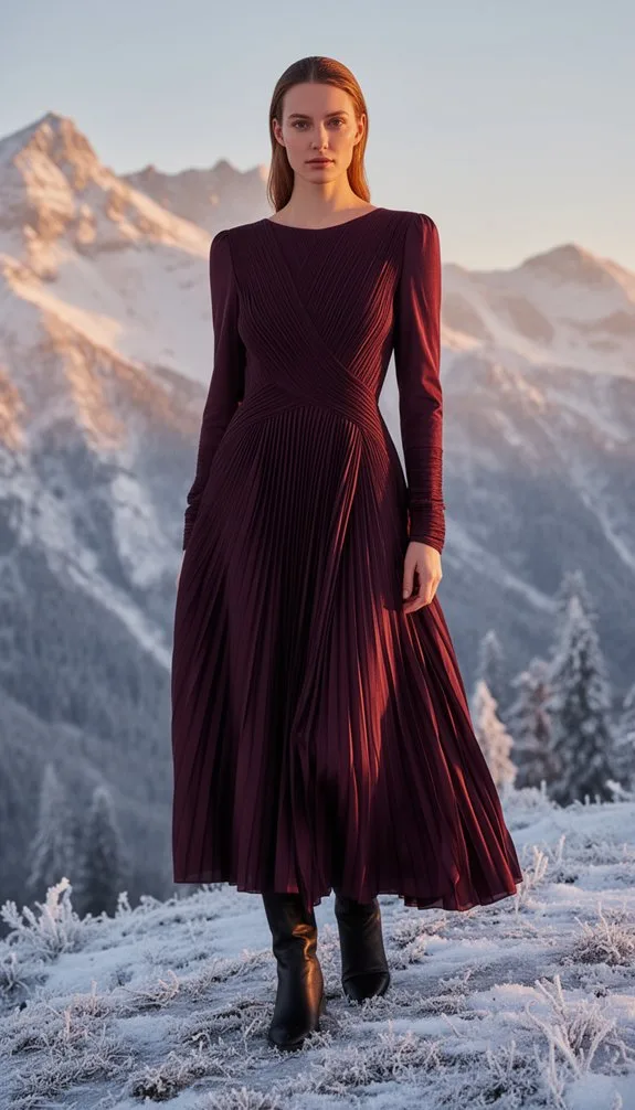 plum pleated belted dress
