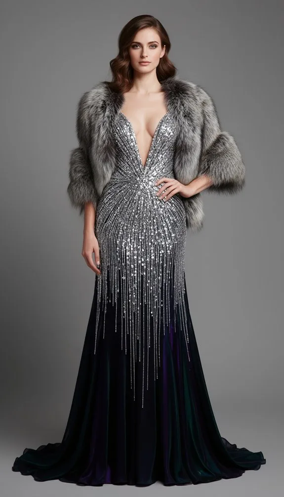 silver sequined plunge gown glamour