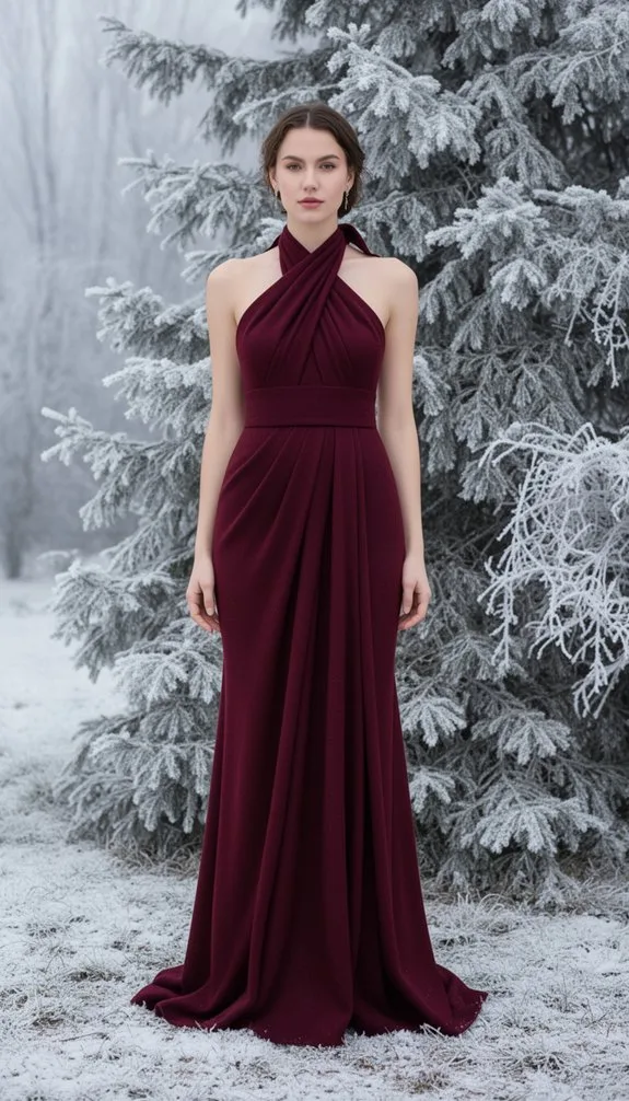 burgundy satin halter with wool