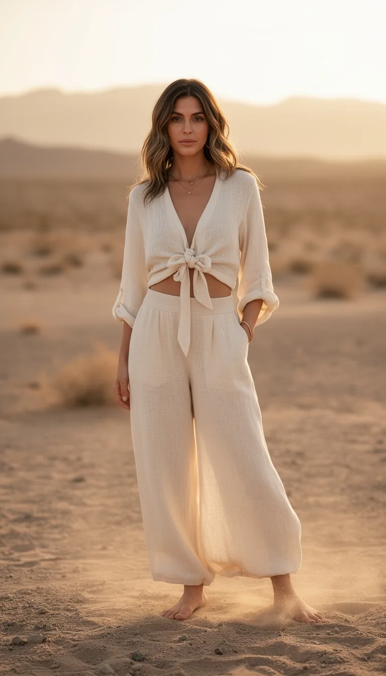 white tie front linen ensemble