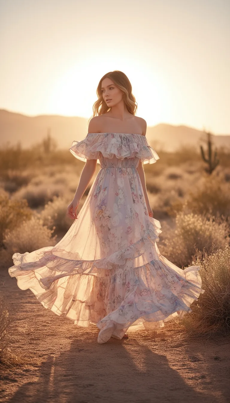 off shoulder ruffle floral maxi