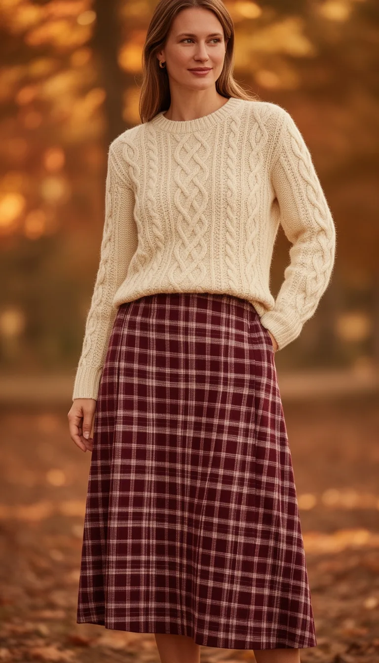 cream cable knit with plaid