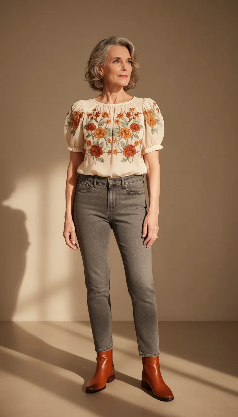 floral puff sleeve tucked in