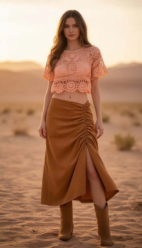peach crochet suede midi