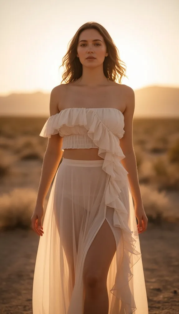 ruffled off shoulder high slit