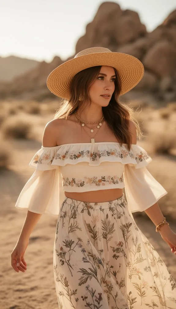 off shoulder ruffle floral midi