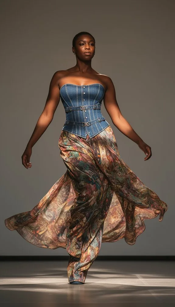 denim corset with abstract pants