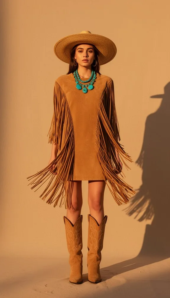 turquoise accented camel suede ensemble