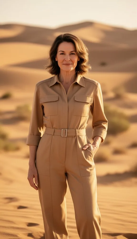belted tan utility jumpsuit