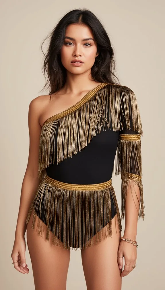 one shoulder fringed western glam