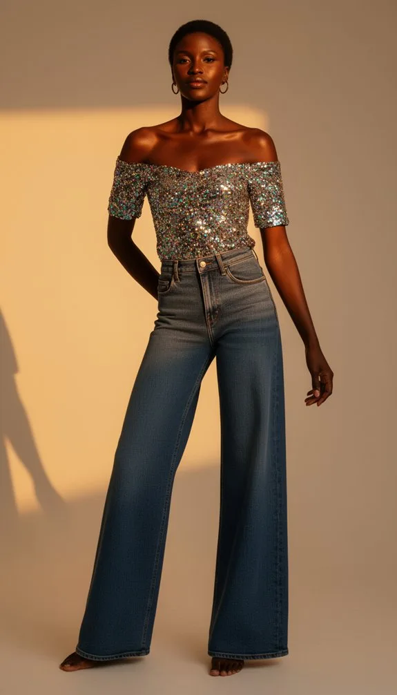 sequined top wide leg jeans