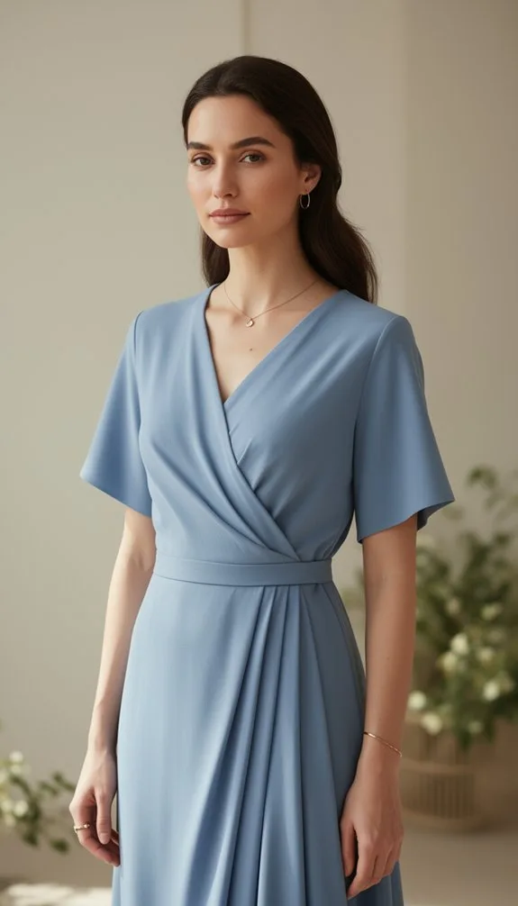 soft blue tailored wrap dress