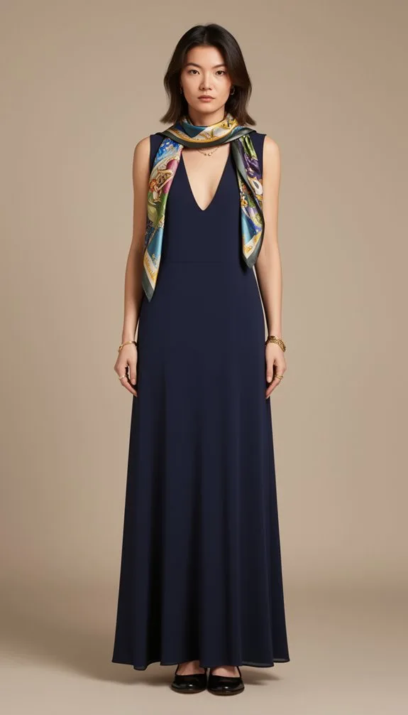 sleeveless navy silk scarf elegance