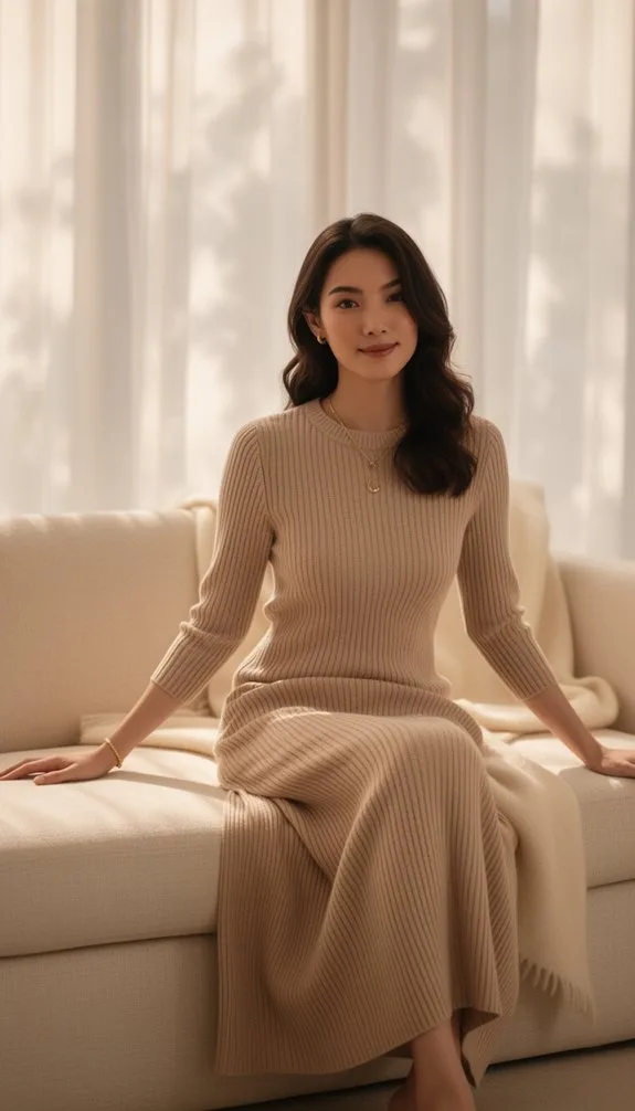 beige ribbed knit dress