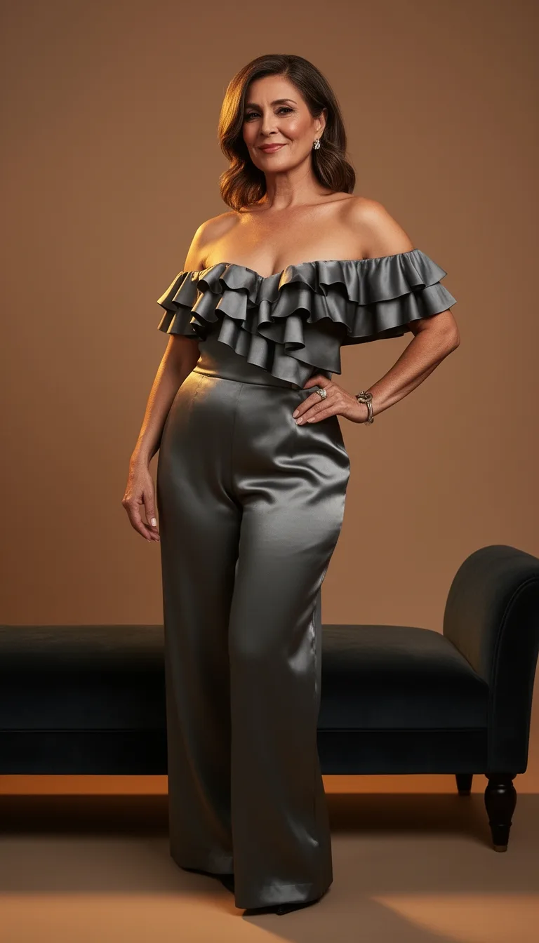 satin off shoulder ruffled jumpsuit