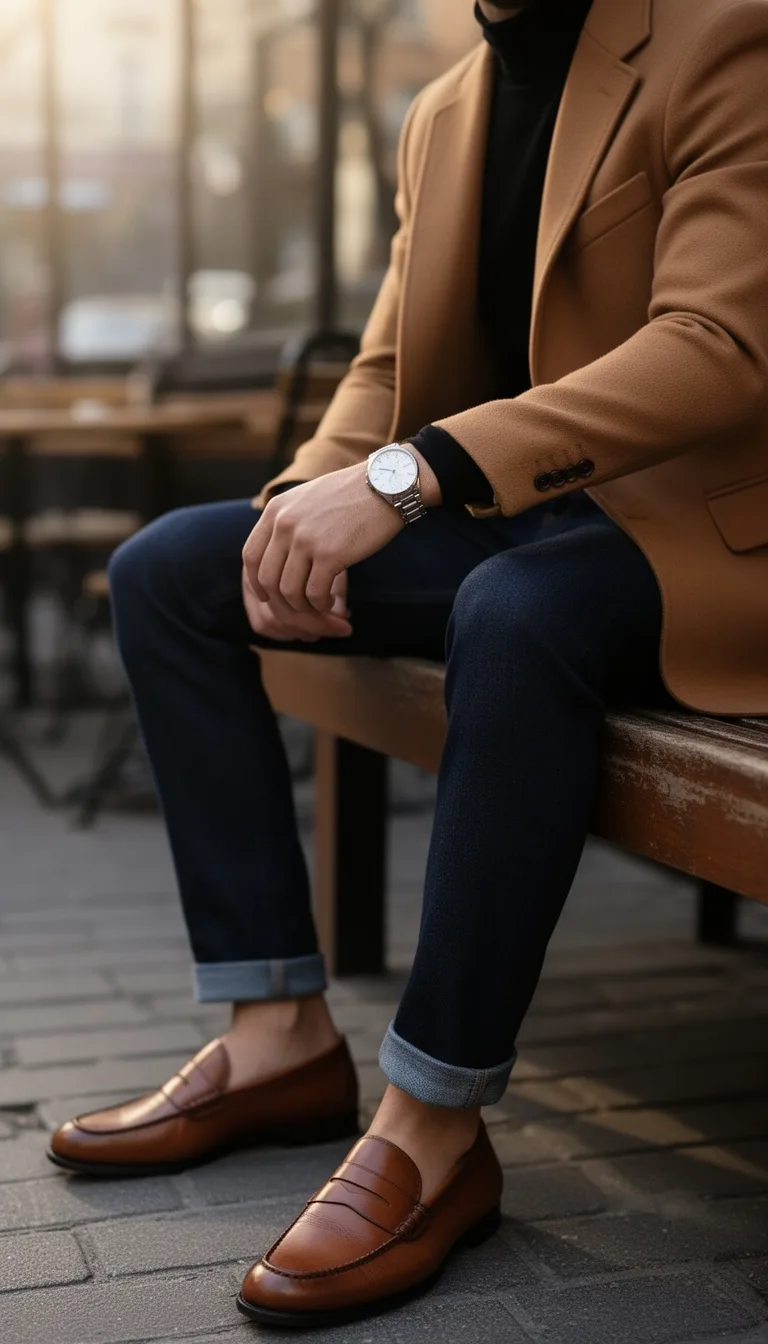camel blazer black turtleneck