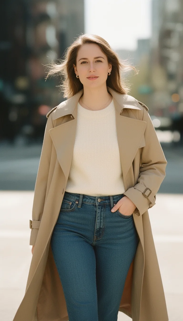 beige trench white knit