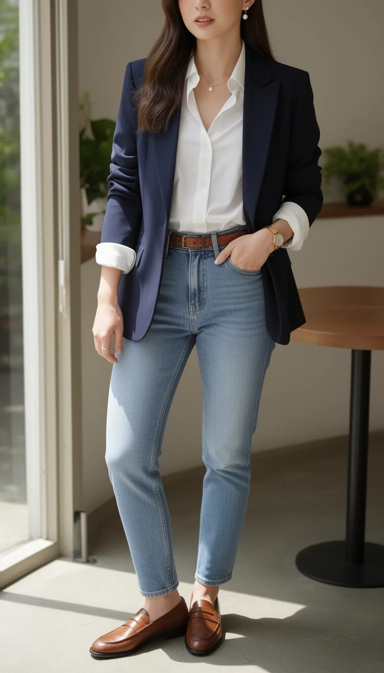 tailored polish with casual denim