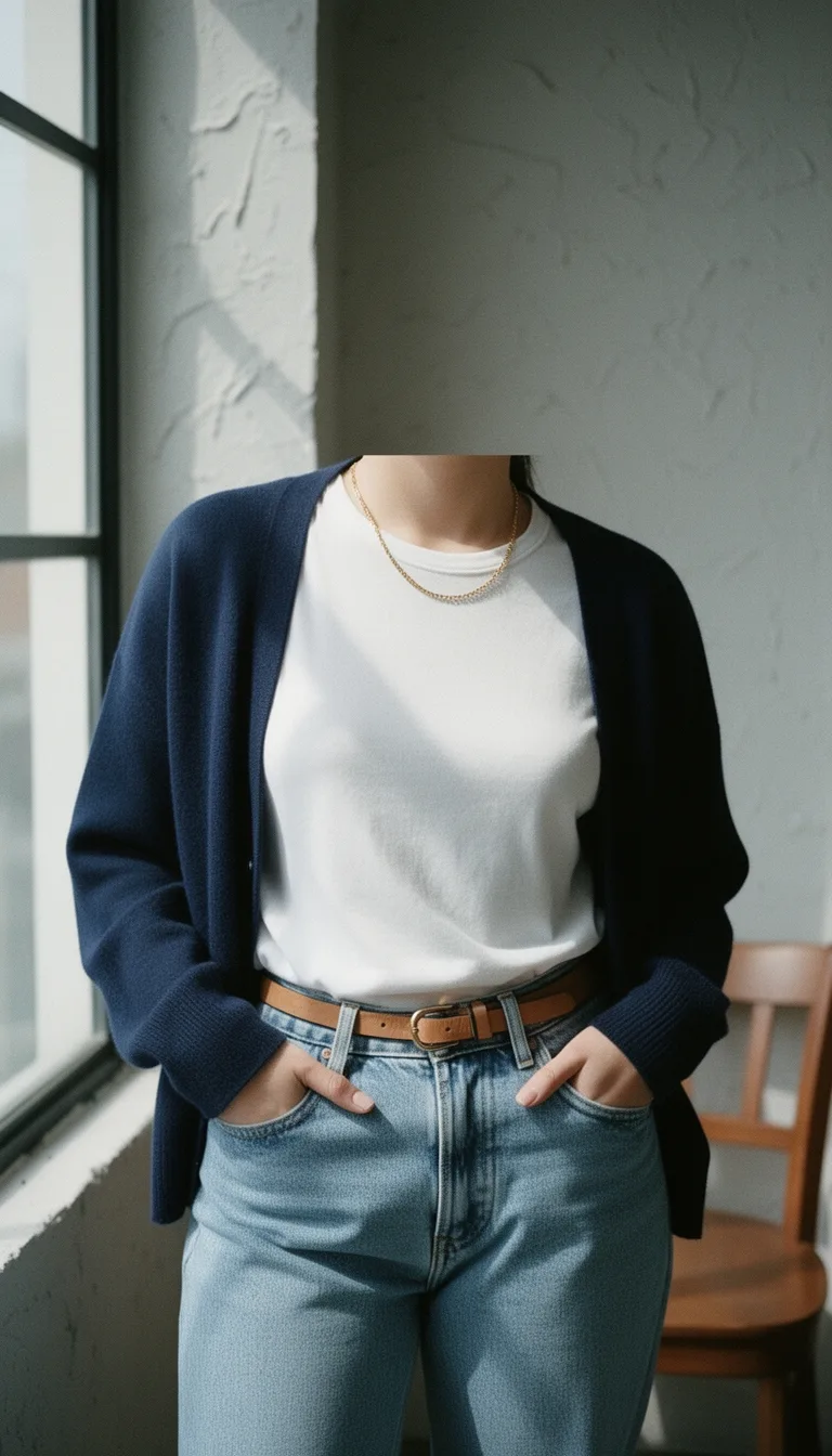 navy cardigan over tee