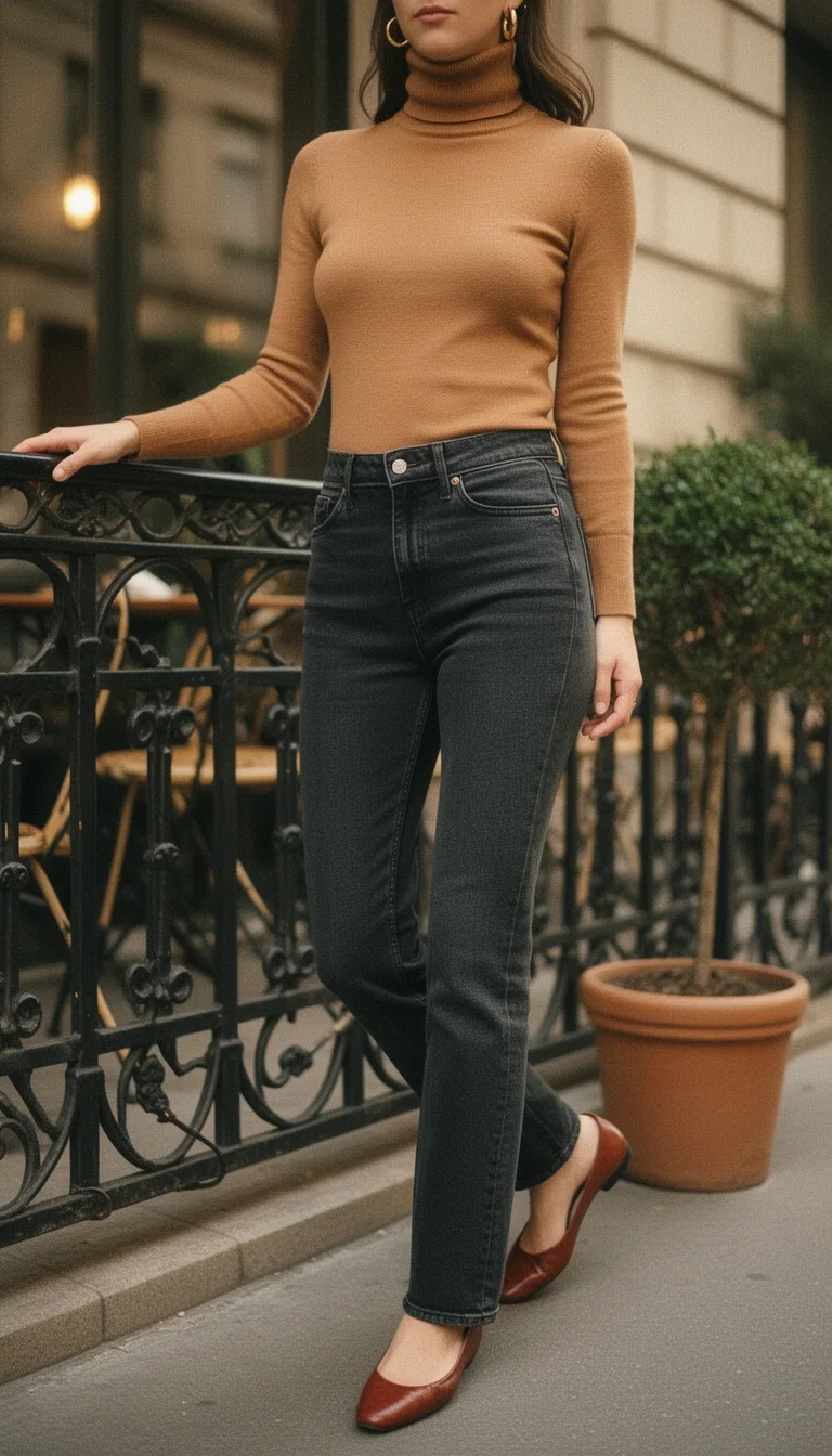 fitted camel turtleneck ensemble
