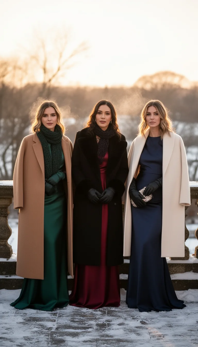 satin gowns with wool coats