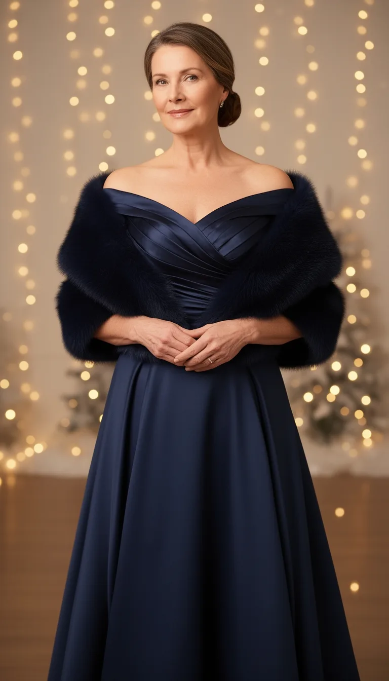 navy off shoulder faux fur gown