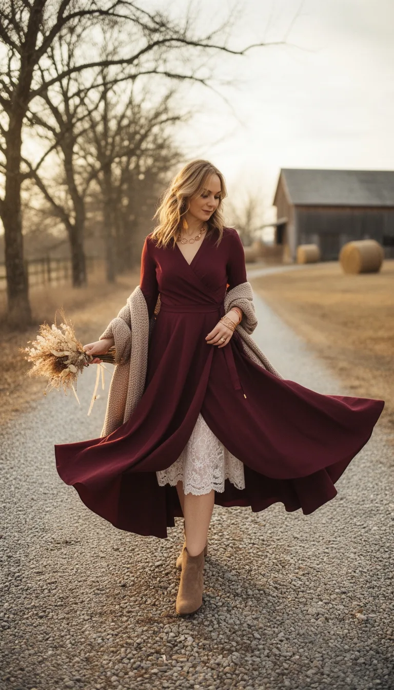 burgundy wrap dress ensemble