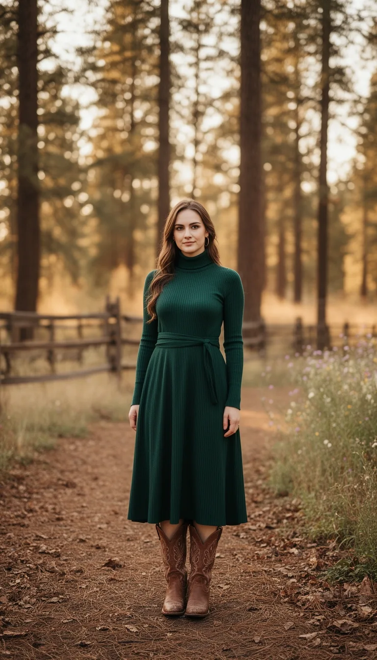 forest green turtleneck dress ensemble
